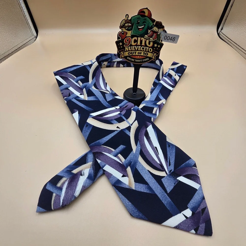 Brandini Mens Silk Necktie Abstract Geometric Navy Blue Purple Tan White